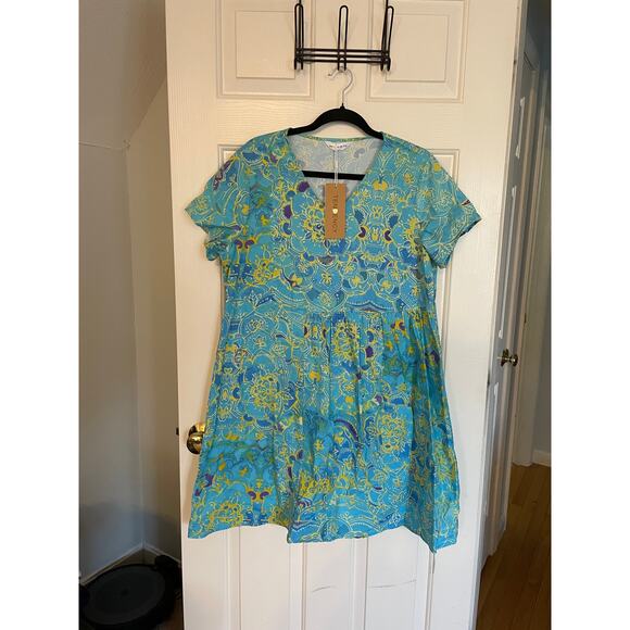 NWT Tendency Dress Size Large Short Sleeve Floral Geometric Blue Yellow V Neck - Picture 1 of 10